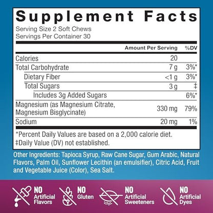 Force Factor Ultimate Magnesium – 330 mg Magnesium Glycinat & Citrat, Vegan, Glutenfrei, Mixed Berry, 60 Soft Chews