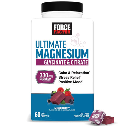 Force Factor Ultimate Magnesium – 330 mg Magnesium Glycinat & Citrat, Vegan, Glutenfrei, Mixed Berry, 60 Soft Chews