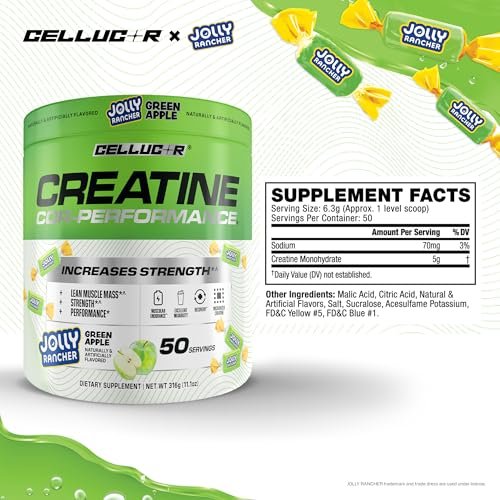 Cellucor Kreatinpulver, Jolly Rancher Grüner Apfel - Steigert Kraft, Magermasse & Ausdauer, mikronisiertes Kreatin für schnelle Aufnahme, 5 g Kreatin pro Portion, 50 Portionen
