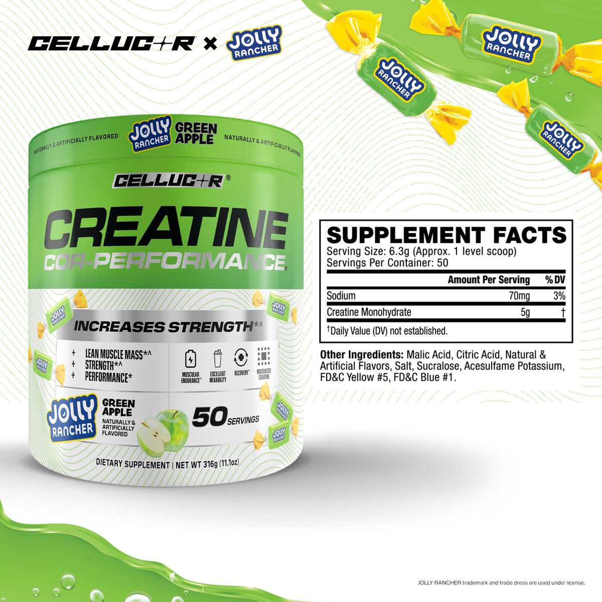 Cellucor Kreatinpulver, Jolly Rancher Grüner Apfel - Steigert Kraft, Magermasse & Ausdauer, mikronisiertes Kreatin für schnelle Aufnahme, 5 g Kreatin pro Portion, 50 Portionen