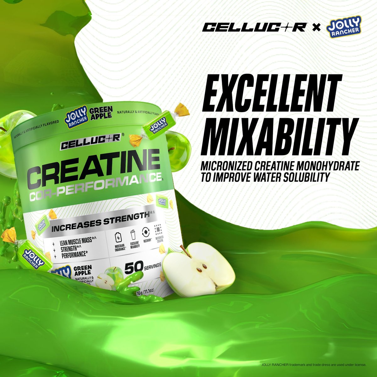 Cellucor Kreatinpulver, Jolly Rancher Grüner Apfel - Steigert Kraft, Magermasse & Ausdauer, mikronisiertes Kreatin für schnelle Aufnahme, 5 g Kreatin pro Portion, 50 Portionen