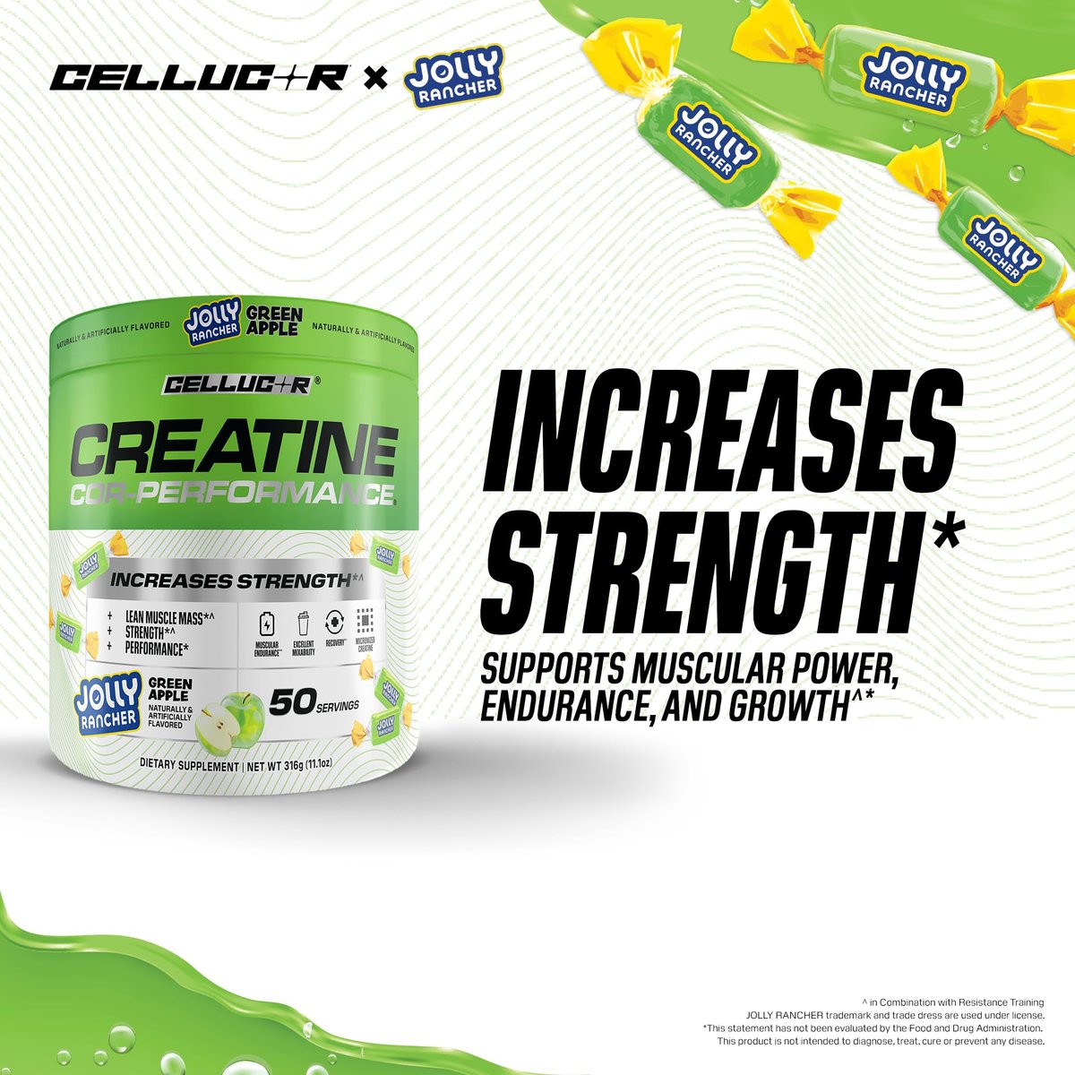 Cellucor Kreatinpulver, Jolly Rancher Grüner Apfel - Steigert Kraft, Magermasse & Ausdauer, mikronisiertes Kreatin für schnelle Aufnahme, 5 g Kreatin pro Portion, 50 Portionen