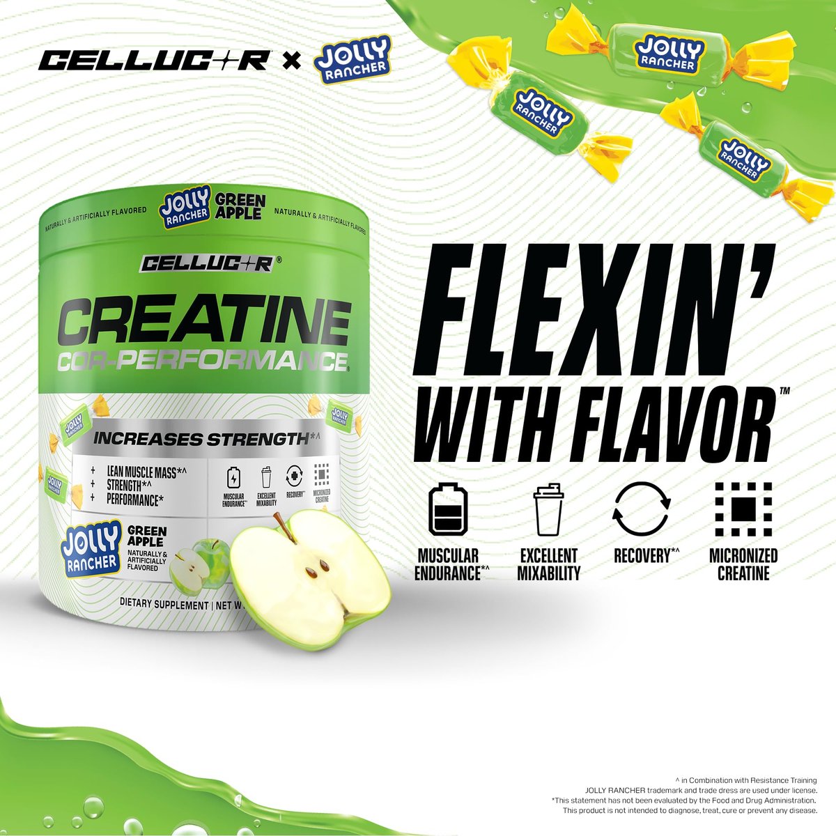 Cellucor Kreatinpulver, Jolly Rancher Grüner Apfel - Steigert Kraft, Magermasse & Ausdauer, mikronisiertes Kreatin für schnelle Aufnahme, 5 g Kreatin pro Portion, 50 Portionen