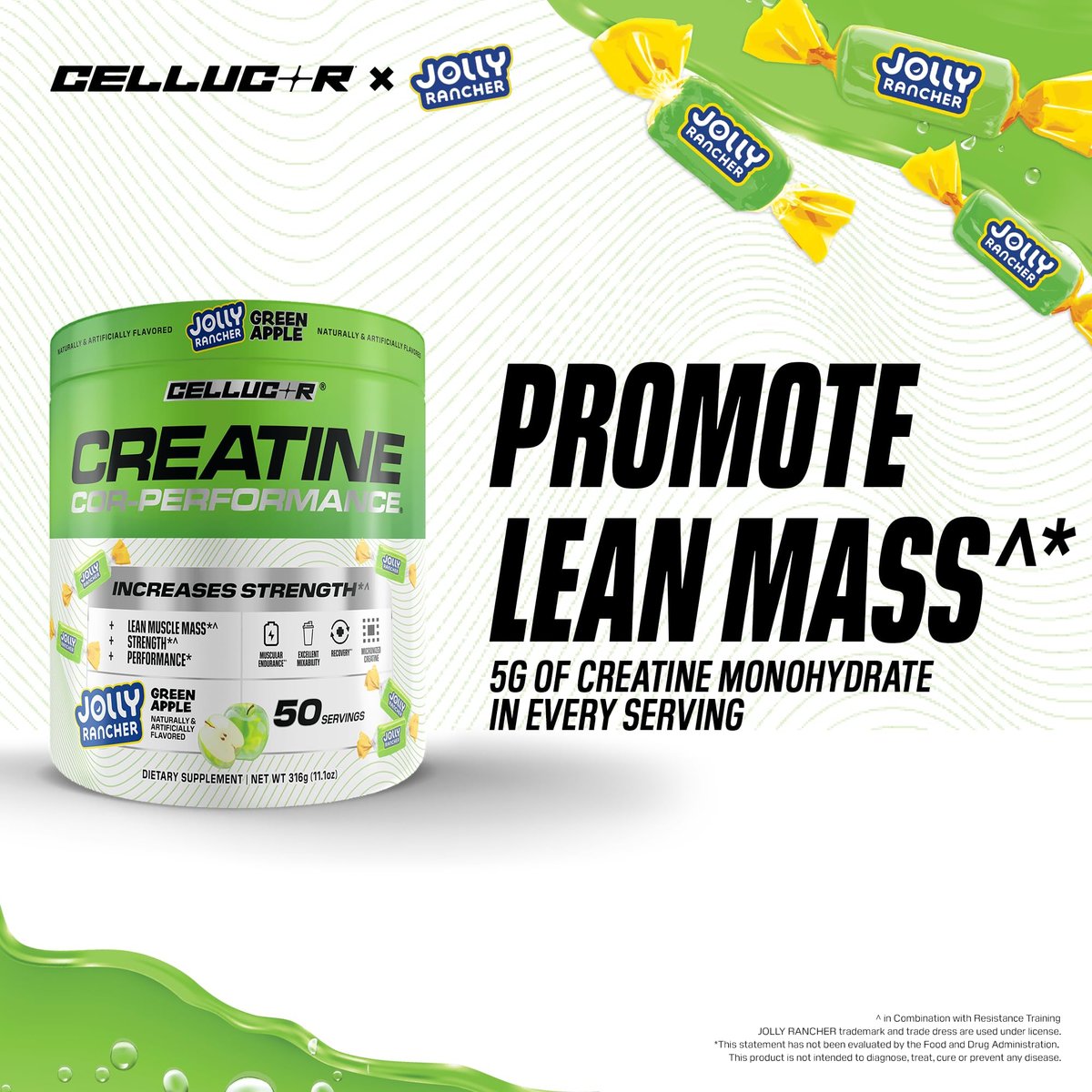 Cellucor Kreatinpulver, Jolly Rancher Grüner Apfel - Steigert Kraft, Magermasse & Ausdauer, mikronisiertes Kreatin für schnelle Aufnahme, 5 g Kreatin pro Portion, 50 Portionen