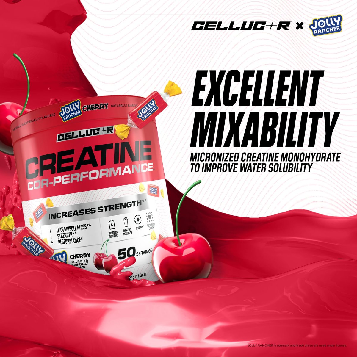Cellucor Kreatinpulver, Jolly Rancher Kirsche – Steigert Kraft, Muskelmasse und Ausdauer, mikronisiertes Kreatin für schnelle Aufnahme, 5 g Kreatin pro Portion, 50 Portionen