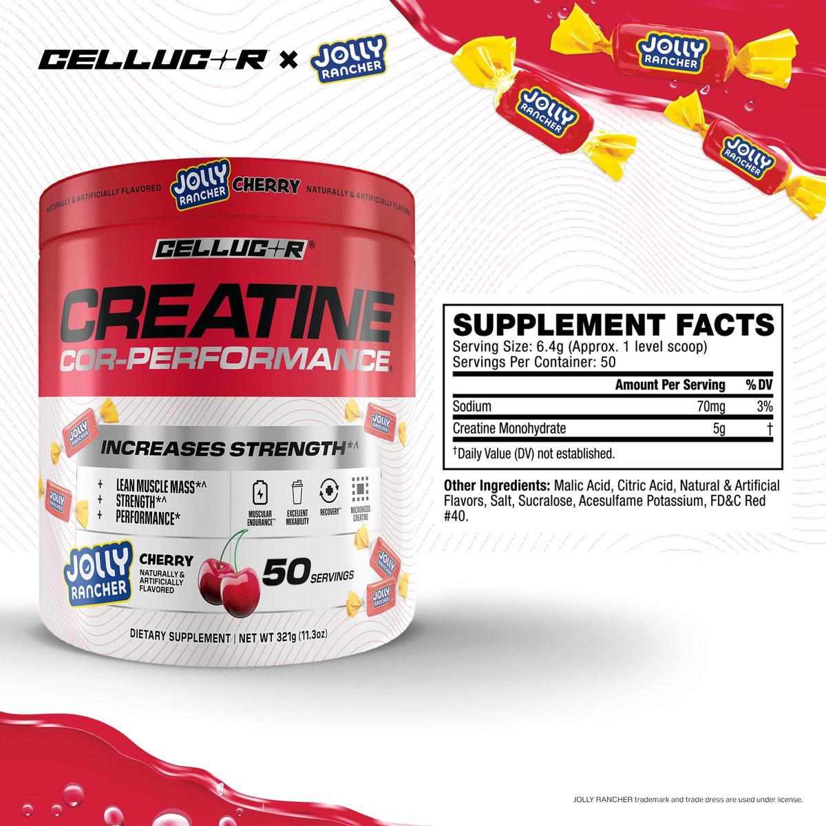 Cellucor Kreatinpulver, Jolly Rancher Kirsche – Steigert Kraft, Muskelmasse und Ausdauer, mikronisiertes Kreatin für schnelle Aufnahme, 5 g Kreatin pro Portion, 50 Portionen