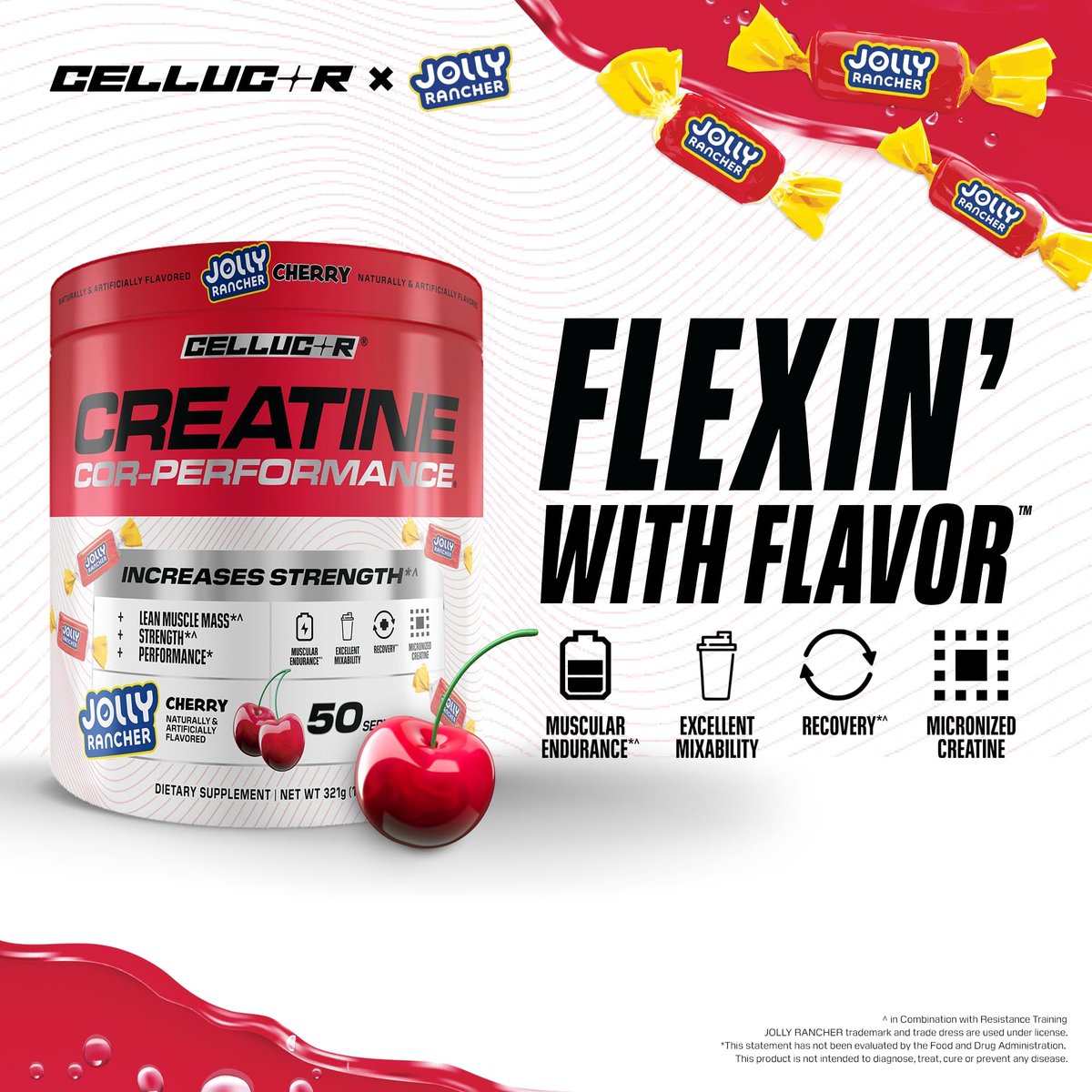 Cellucor Kreatinpulver, Jolly Rancher Kirsche – Steigert Kraft, Muskelmasse und Ausdauer, mikronisiertes Kreatin für schnelle Aufnahme, 5 g Kreatin pro Portion, 50 Portionen