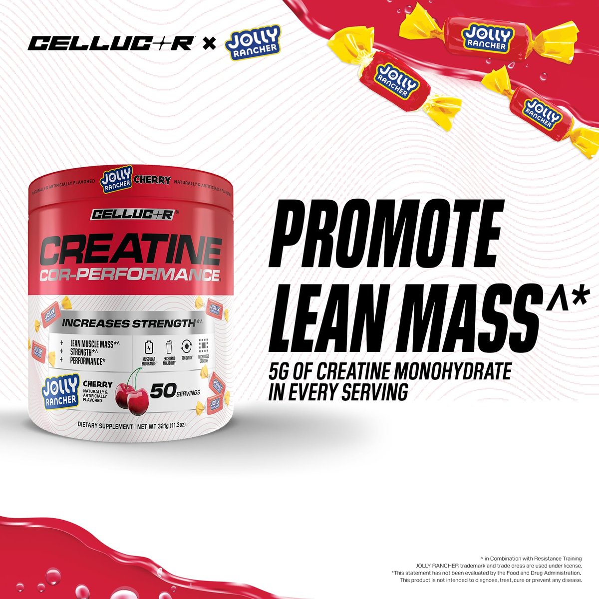 Cellucor Kreatinpulver, Jolly Rancher Kirsche – Steigert Kraft, Muskelmasse und Ausdauer, mikronisiertes Kreatin für schnelle Aufnahme, 5 g Kreatin pro Portion, 50 Portionen