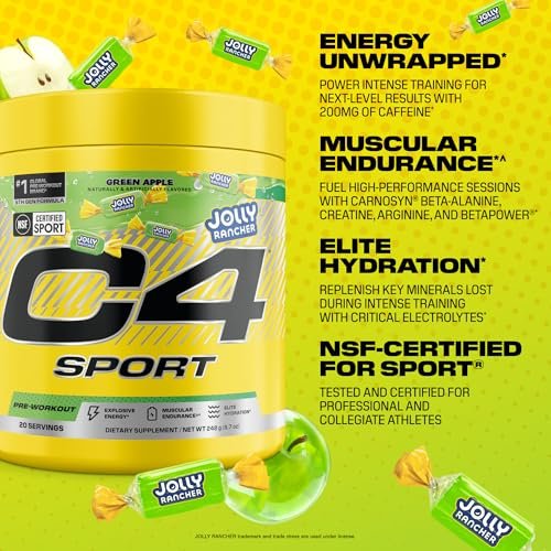 C4 Sport Pre Workout Pulver - Jolly Rancher Grüner Apfel - NSF für Sport zertifiziert - 200 mg Koffein + Kreatin + Beta-Alanin - Elektrolyte und Energie-Supplement - 20 Portionen