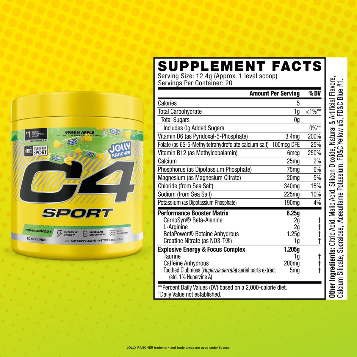 C4 Sport Pre Workout Pulver - Jolly Rancher Grüner Apfel - NSF für Sport zertifiziert - 200 mg Koffein + Kreatin + Beta-Alanin - Elektrolyte und Energie-Supplement - 20 Portionen