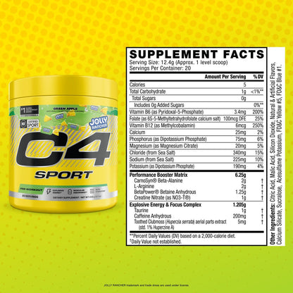 C4 Sport Pre Workout Pulver - Jolly Rancher Grüner Apfel - NSF für Sport zertifiziert - 200 mg Koffein + Kreatin + Beta-Alanin - Elektrolyte und Energie-Supplement - 20 Portionen