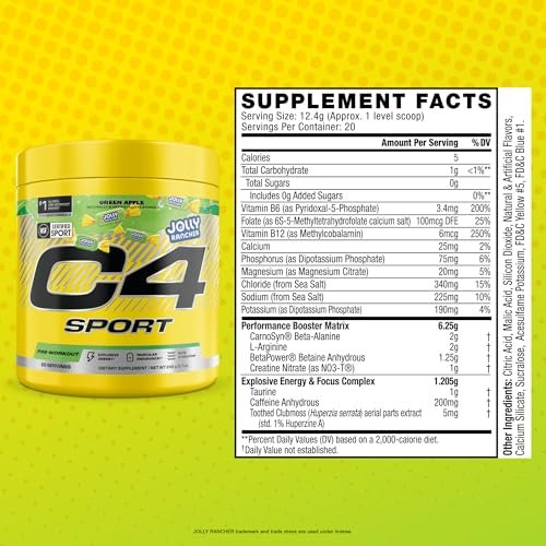 C4 Sport Pre Workout Pulver - Jolly Rancher Grüner Apfel - NSF für Sport zertifiziert - 200 mg Koffein + Kreatin + Beta-Alanin - Elektrolyte und Energie-Supplement - 20 Portionen