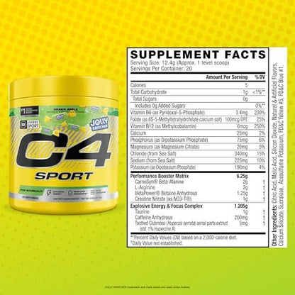 C4 Sport Pre Workout Pulver - Jolly Rancher Grüner Apfel - NSF für Sport zertifiziert - 200 mg Koffein + Kreatin + Beta-Alanin - Elektrolyte und Energie-Supplement - 20 Portionen