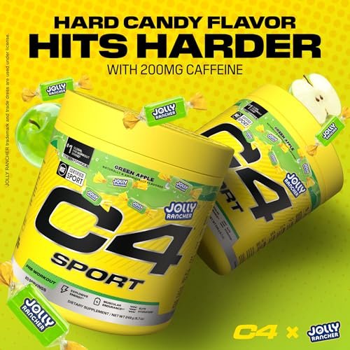 C4 Sport Pre Workout Pulver - Jolly Rancher Grüner Apfel - NSF für Sport zertifiziert - 200 mg Koffein + Kreatin + Beta-Alanin - Elektrolyte und Energie-Supplement - 20 Portionen