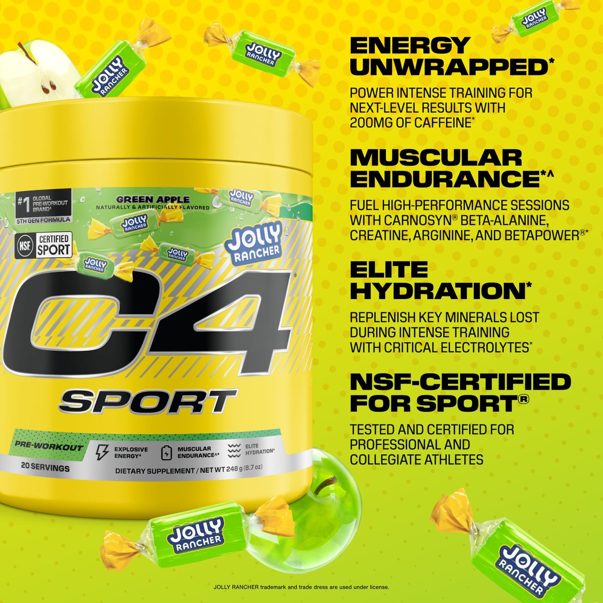 C4 Sport Pre Workout Pulver - Jolly Rancher Grüner Apfel - NSF für Sport zertifiziert - 200 mg Koffein + Kreatin + Beta-Alanin - Elektrolyte und Energie-Supplement - 20 Portionen