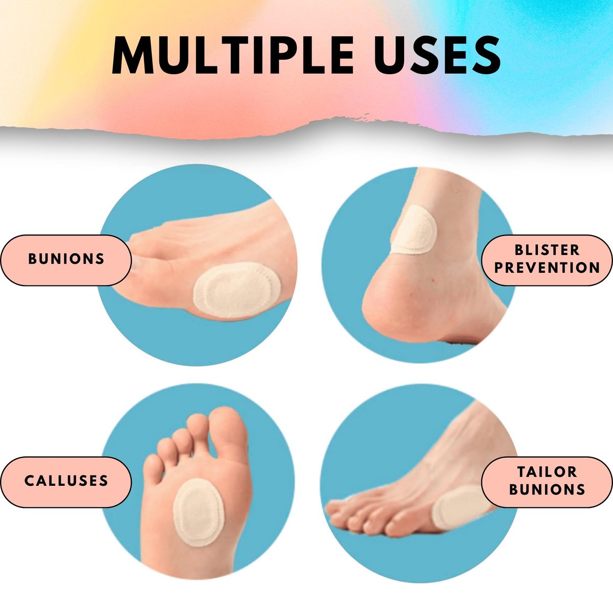 Bunion Pads (24er-Pack) – Haftende Moleskin-Blasenschutzpflaster – Mole Skin Tape Sticker für Ballen, Füße, Fersen, Schuhe – Wassergeschützte, ganztägige Linderung von schmerzhaftem Reiben