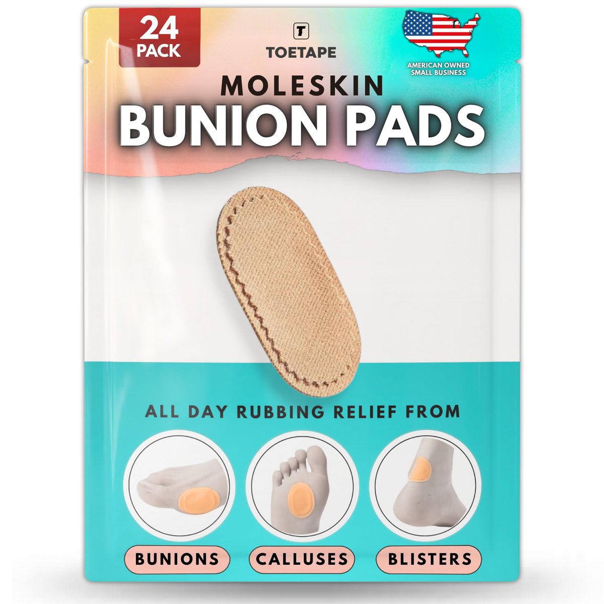 Bunion Pads (24er-Pack) – Haftende Moleskin-Blasenschutzpflaster – Mole Skin Tape Sticker für Ballen, Füße, Fersen, Schuhe – Wassergeschützte, ganztägige Linderung von schmerzhaftem Reiben