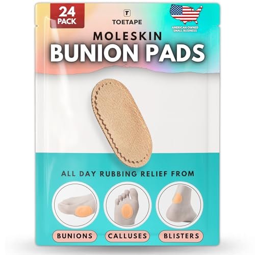 Bunion Pads (24er-Pack) – Haftende Moleskin-Blasenschutzpflaster – Mole Skin Tape Sticker für Ballen, Füße, Fersen, Schuhe – Wassergeschützte, ganztägige Linderung von schmerzhaftem Reiben