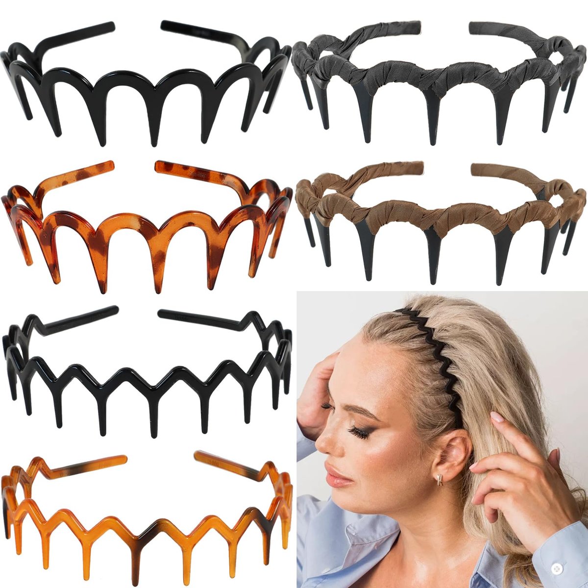 Miskate Zig Zag Haarbänder für Damen 6er-Pack – Rutschfeste Plastik-Stirnbänder mit Zahnkamm für dickes Haar, Schildpatt & Schwarz