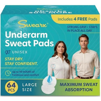 Swearx Underarm Sweat Pads für Damen und Herren – Einweg-Achselpads – Schweißschutz für Hemden und Kleidung – Große Größe, 64 Stück
