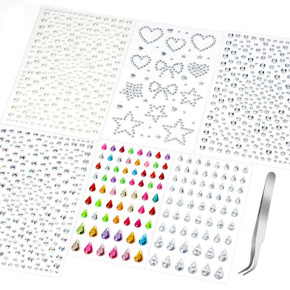 Teenitor Selbstklebende Gesichtssteine und Haarsteine, 6 Blatt Perlenaufkleber für Gesicht und Make-up, Rave-Accessoires, Party-Accessoires, Edelsteine zum Basteln