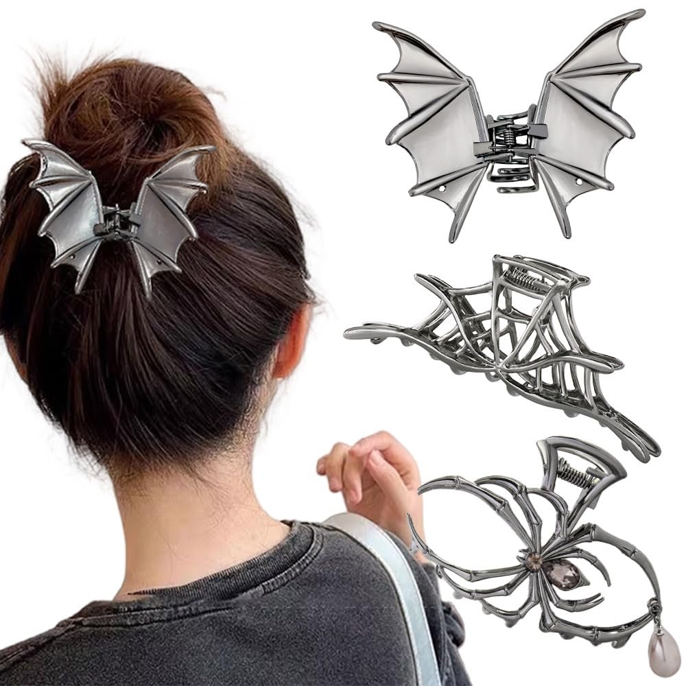 Halloween 3er Set Spinnennetz-Fledermaus-Haarspangen mit Perlen – Schwarze Gothic-Metall-Haar-Clips für Frauen und Mädchen (Schwarz Gun)