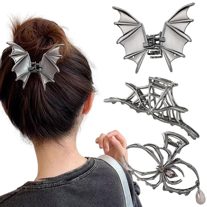 Halloween 3er Set Spinnennetz-Fledermaus-Haarspangen mit Perlen – Schwarze Gothic-Metall-Haar-Clips für Frauen und Mädchen (Schwarz Gun)