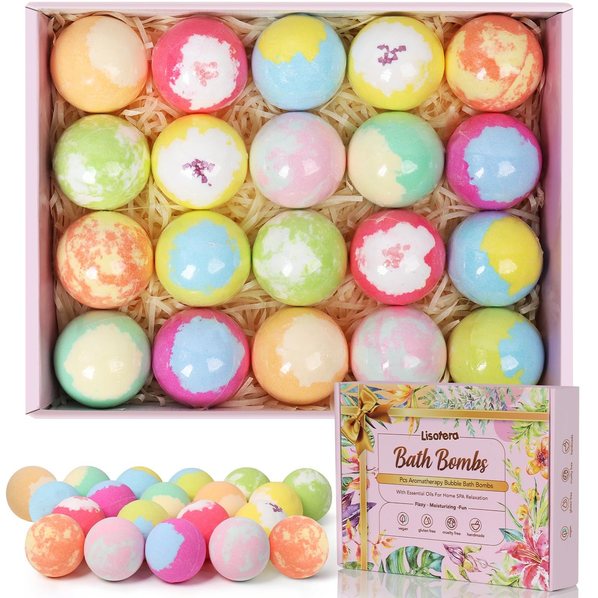 Badebomben für Frauen, 20-teiliges Geschenkset mit Sheabutter und ätherischen Ölen – Muttertag, Geburtstag, Wellness, Entspannung