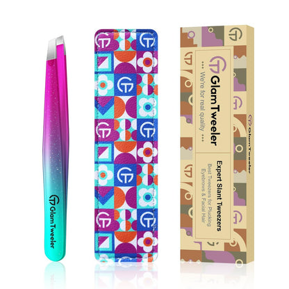 GlamTweeler Schräge Präzisionspinzette mit Ledertasche – Edelstahl für Augenbrauen, Gesichtshaare und feine Härchen (Funkelndes Lila & Türkis)