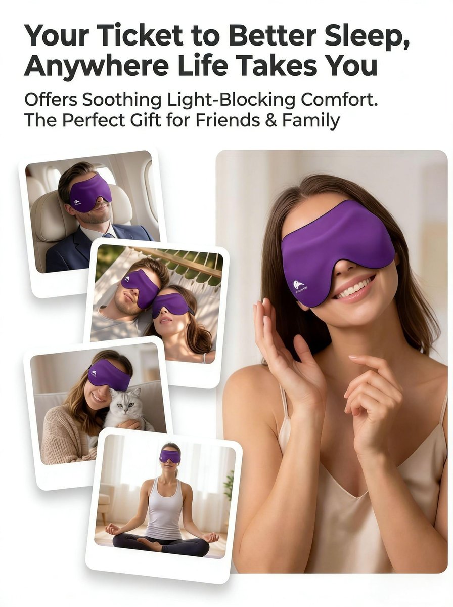 Schlafmaske für Seitenschläfer: 3D-Konturierte Augenmaske mit Memory-Schaum – Flugreise-Essential, Druckfreie Lichtblockade für Frauen – Weiche Nachtmaske für lange Flüge (Lila)