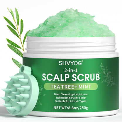 SHVYOG Kopfhaut-Peeling mit Teebaum- und Kokosnussöl – Anti-Schuppen, entgiftendes, klärendes Peeling-Shampoo mit Meersalz und Kopfhautbürste