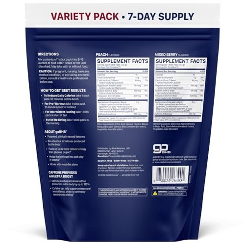 Real Ketones BHB Exogene Ketonen Drink Mix Packets – Keto Elektrolytpulver, kein Zucker, mit 4 Haupt-Fasten-Elektrolyten plus hydratisierende patentierte Keto BHB – 7 Beutel Pfirsich, gemischte Beeren