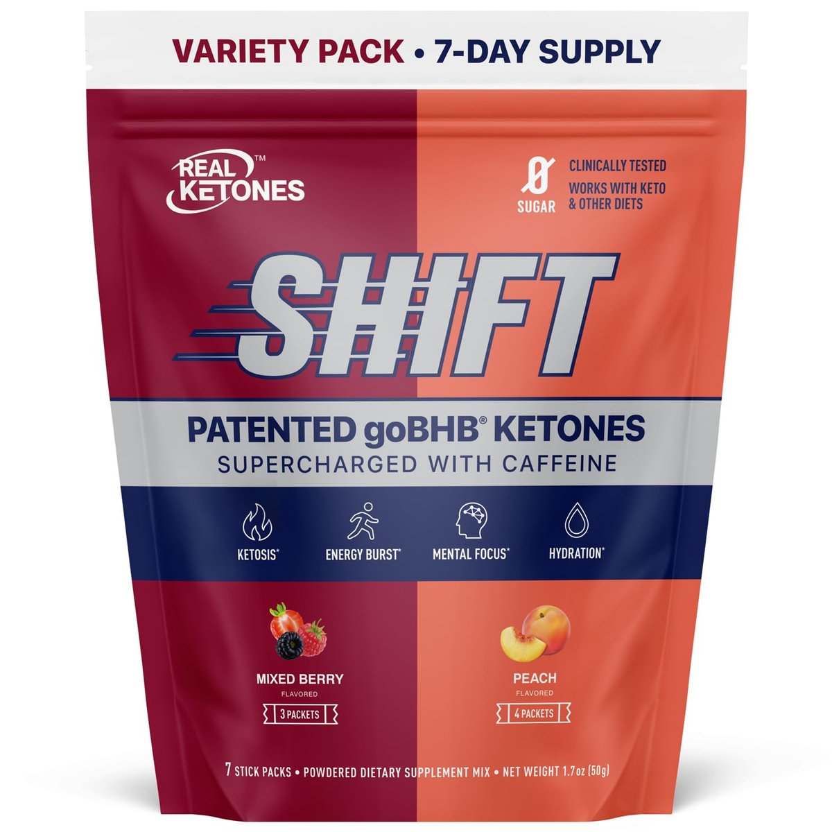 Real Ketones BHB Exogene Ketonen Drink Mix Packets – Keto Elektrolytpulver, kein Zucker, mit 4 Haupt-Fasten-Elektrolyten plus hydratisierende patentierte Keto BHB – 7 Beutel Pfirsich, gemischte Beeren