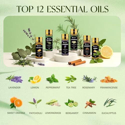 Ätherische Öle Set, 12 Stück reine ätherische Öle für Diffuser, Luftbefeuchter, Hautpflege, Massage, Duftöl für DIY Kerzen und Seifenherstellung, Geschenk für Freunde