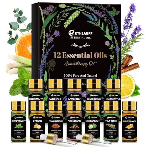 Ätherische Öle Set, 12 Stück reine ätherische Öle für Diffuser, Luftbefeuchter, Hautpflege, Massage, Duftöl für DIY Kerzen und Seifenherstellung, Geschenk für Freunde