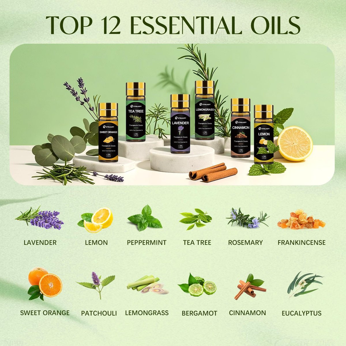 Ätherische Öle Set, 12 Stück reine ätherische Öle für Diffuser, Luftbefeuchter, Hautpflege, Massage, Duftöl für DIY Kerzen und Seifenherstellung, Geschenk für Freunde