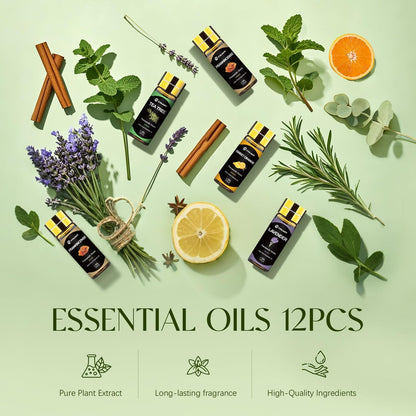 Ätherische Öle Set, 12 Stück reine ätherische Öle für Diffuser, Luftbefeuchter, Hautpflege, Massage, Duftöl für DIY Kerzen und Seifenherstellung, Geschenk für Freunde