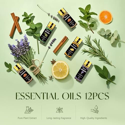 Ätherische Öle Set, 12 Stück reine ätherische Öle für Diffuser, Luftbefeuchter, Hautpflege, Massage, Duftöl für DIY Kerzen und Seifenherstellung, Geschenk für Freunde