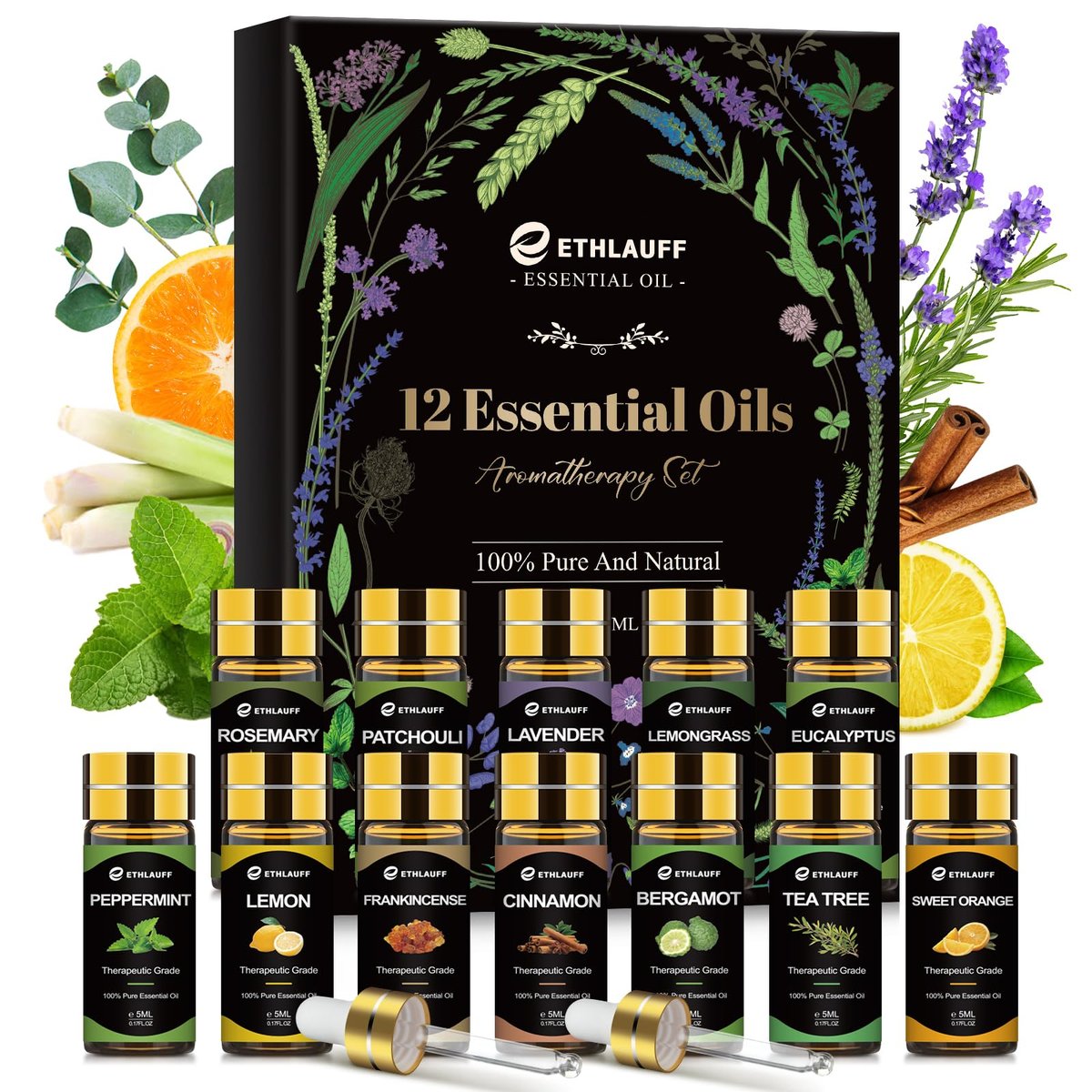 Ätherische Öle Set, 12 Stück reine ätherische Öle für Diffuser, Luftbefeuchter, Hautpflege, Massage, Duftöl für DIY Kerzen und Seifenherstellung, Geschenk für Freunde