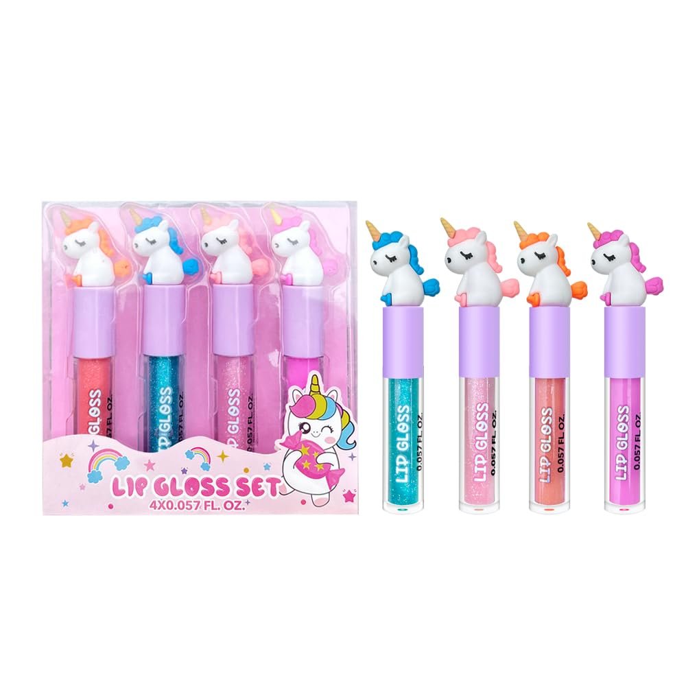 M&U MAKE YOU UP 4er-Pack Unicorn-Lippenglanz-Stick für Mädchen – Partygeschenke, glänzendes Lippen-Set mit magischem Topper, Geburtstagsgeschenk für Mädchen, Prinzessin-Motiv-Geschenk (4 Stück) – ungiftig