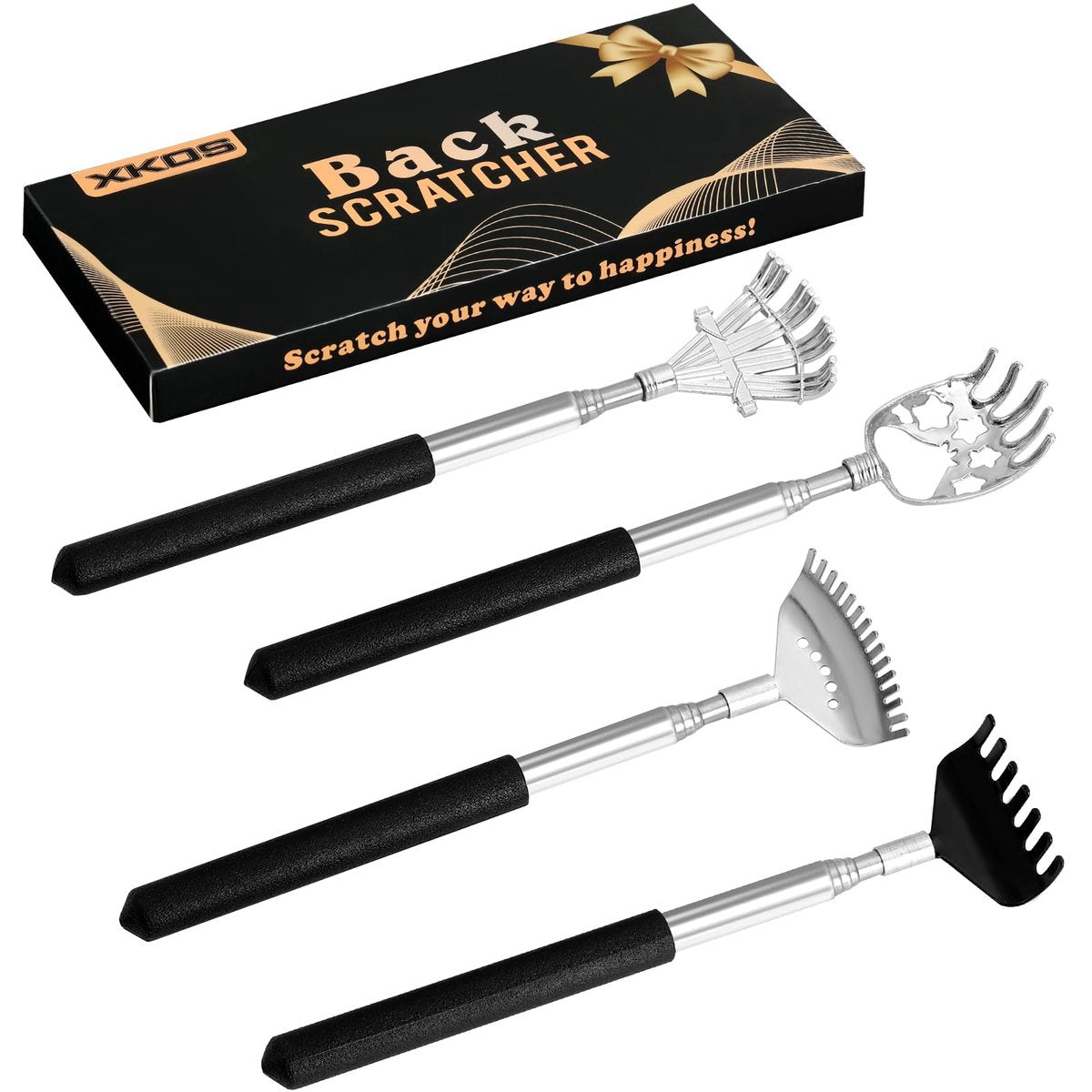 XKOS 4er-Pack Unterschiedliche Rückenkratzer, Teleskopierbar mit Gummigriffen, Verlängerbares Metall-Rückenmassagegerät in Schöner Box, Geschenkideen für Männer und Frauen (Schwarz)