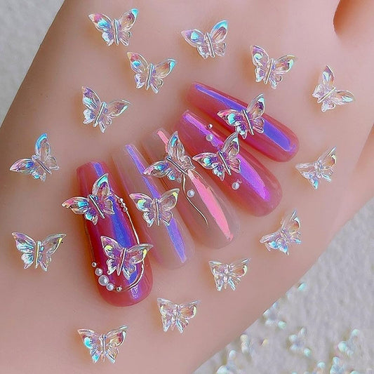 50 Stück 3D Schmetterlings-Nagelcharm - Aurora-Effekt Harz Nagelkunst-Dekorationen, Kawaii Nagelzubehör für Acrylnägel DIY, Maniküre-Zubehör für Frauen und Mädchen