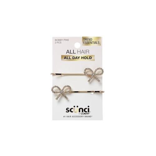 Scunci Trend Essentials Haarnadeln, 2er-Pack, Gold mit Strass-Schleifendesign, ganztägiger Halt, modisches Haar-Accessoire für alle Haartypen
