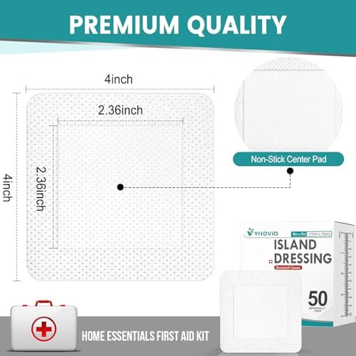 50 Stück Island-Dressing-Kompressen mit Borte 4" x 4" – Einzeln verpackte Mullkompressen, nicht haftendes Pad mit Kleberand, Wundauflagen für Erste Hilfe