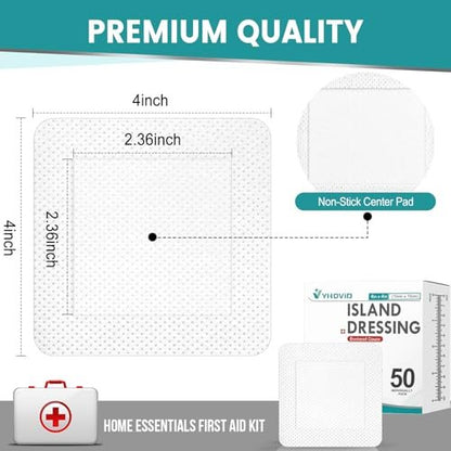 50 Stück Island-Dressing-Kompressen mit Borte 4" x 4" – Einzeln verpackte Mullkompressen, nicht haftendes Pad mit Kleberand, Wundauflagen für Erste Hilfe