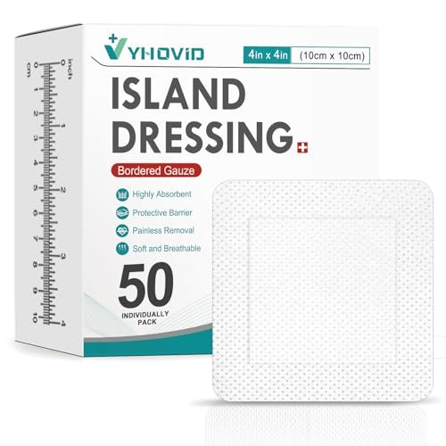 50 Stück Island-Dressing-Kompressen mit Borte 4" x 4" – Einzeln verpackte Mullkompressen, nicht haftendes Pad mit Kleberand, Wundauflagen für Erste Hilfe