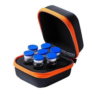Moyite Insulin Peptid-Vial-Etui für den Kühlschrank mit Logo und Handschlaufe – passt für 5–10 ml Vials, nicht für hohe 10 ml Vials – orange Reißverschluss und schwarz – 7 Vial-Halter