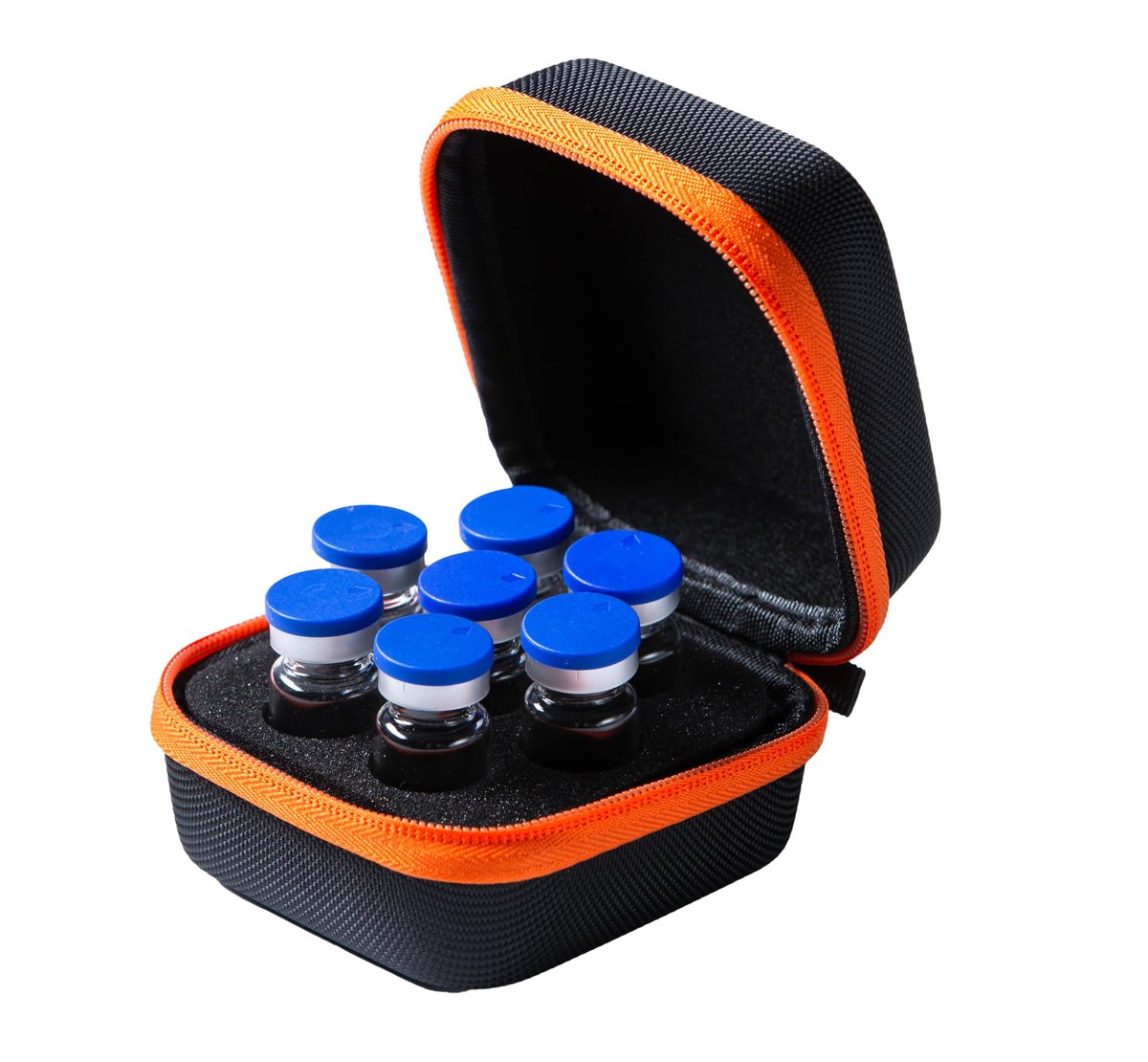 Moyite Insulin Peptid-Vial-Etui für den Kühlschrank mit Logo und Handschlaufe – passt für 5–10 ml Vials, nicht für hohe 10 ml Vials – orange Reißverschluss und schwarz – 7 Vial-Halter