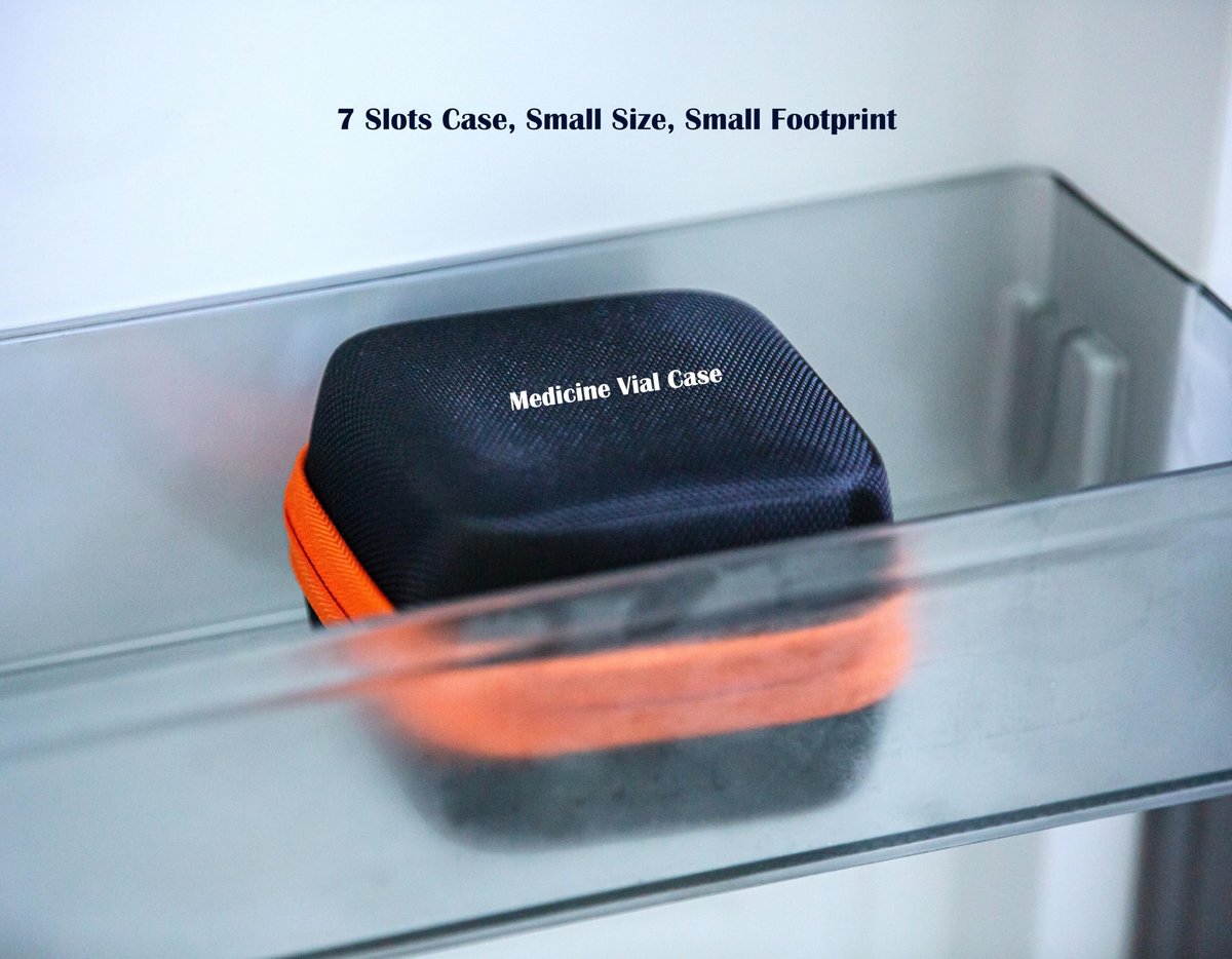 Moyite Insulin Peptid-Vial-Etui für den Kühlschrank mit Logo und Handschlaufe – passt für 5–10 ml Vials, nicht für hohe 10 ml Vials – orange Reißverschluss und schwarz – 7 Vial-Halter
