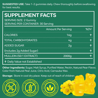 MXCZBSM 60 Stück Mullein Gummibärchen für die Lunge, 2000 mg Bio-Mullein Blattextrakt für Lungen- und Atemwegsunterstützung, natürliches Mullein Kräuterergänzungsmittel, Birnengeschmack